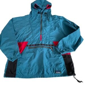 LL Bean Vintage Womens M T452 Anorak Windbreaker Teal Red Colorblock Jacket
